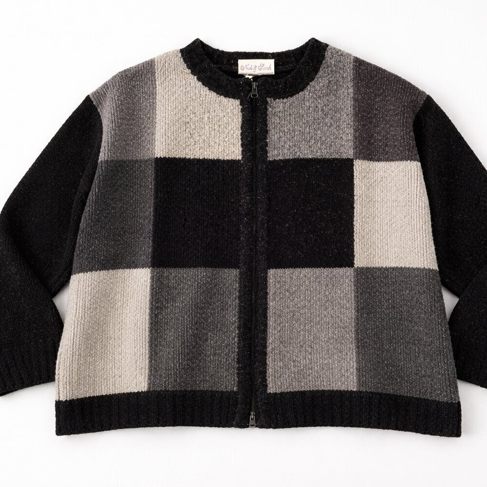 Vintage Nick & Sarah Black Gray Cream Colorblock Knit Cardigan Sweater XL